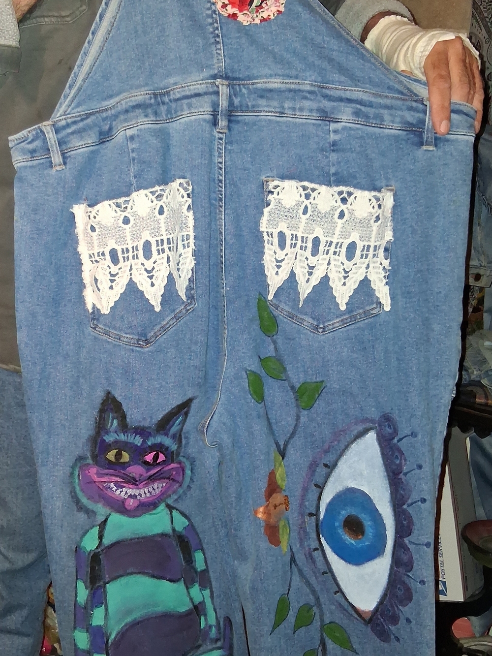 Ava & Viv Blue Denim Women's Overalls with Painted Cat and Eye